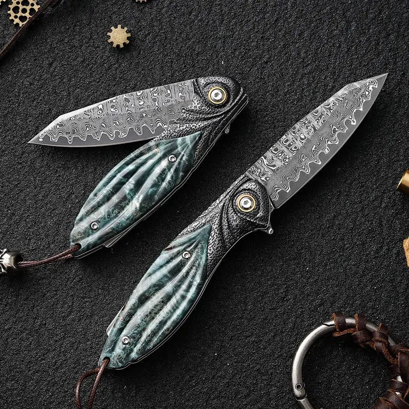 Peacock Forge VG10 Damascus Pocket Knife - Hand-Carved Handle EDC