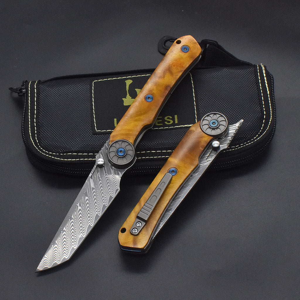 SolarFlame Damascus EDC Folding Knife - VG10 Steel with Golden Phoebe Handle