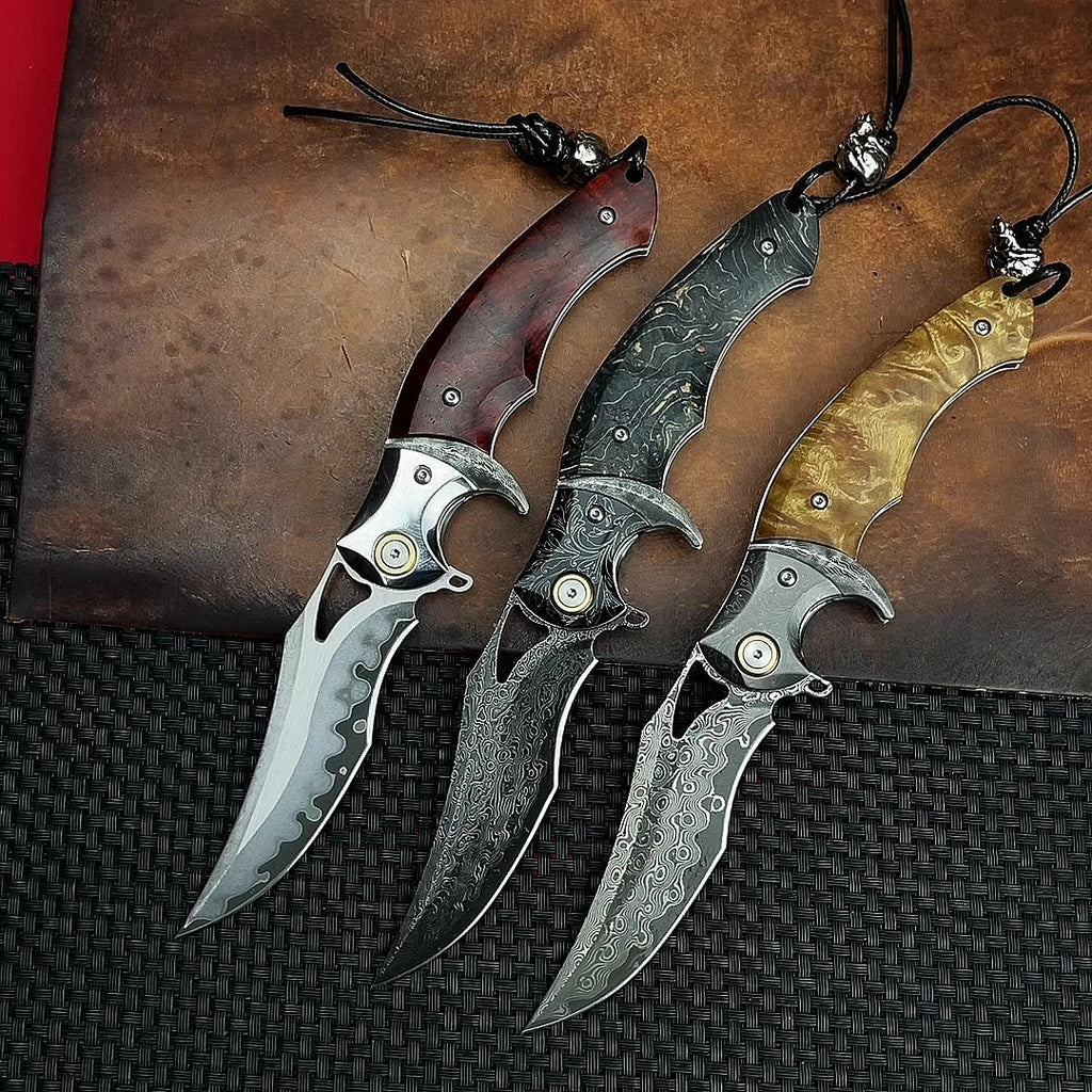 Shadowfang VG10 Damascus Steel Folding Knife - Hardwood Handle EDC