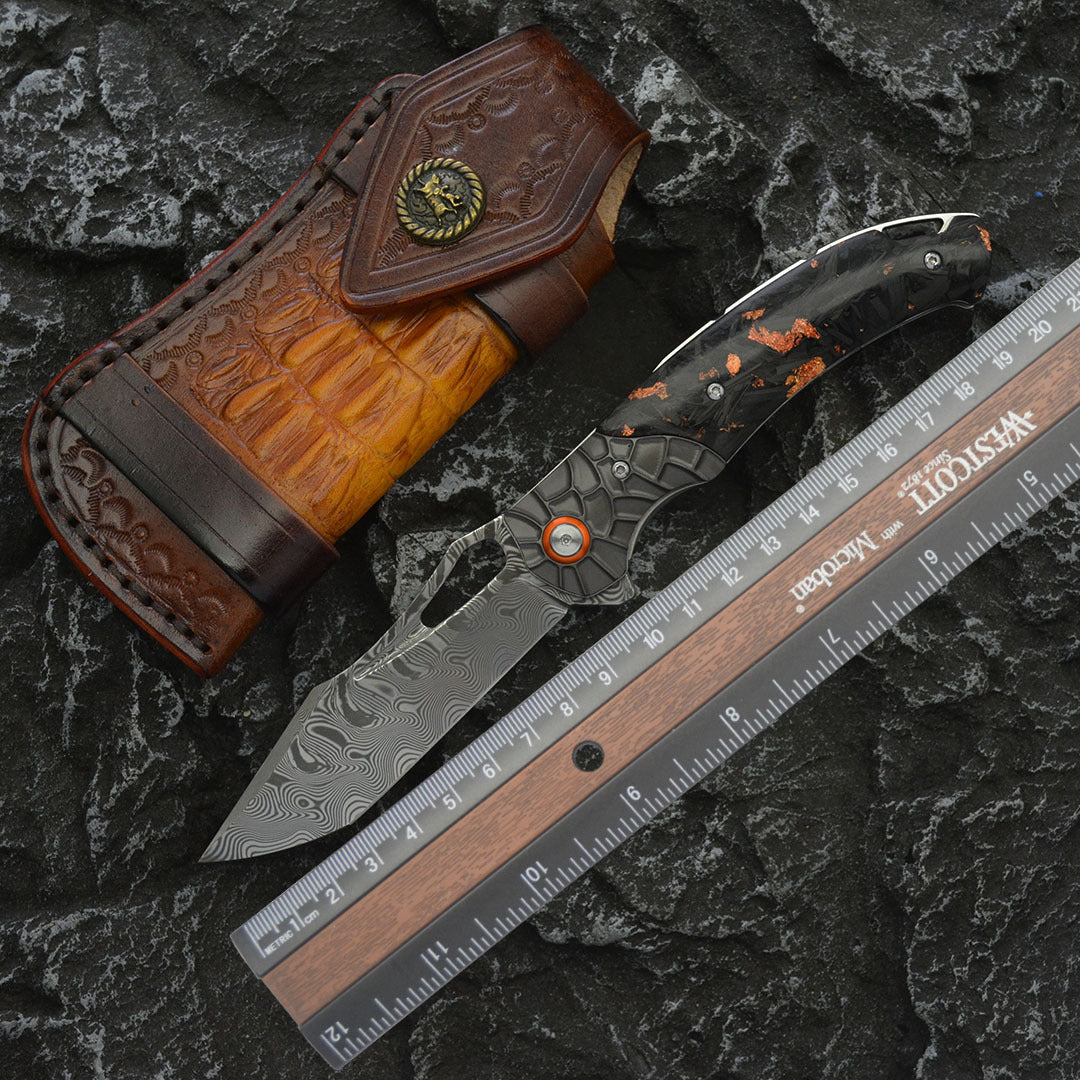 Nightflare VG10 Damascus EDC Folding Knife - Titanium Carbon Fiber Handle with Engraving