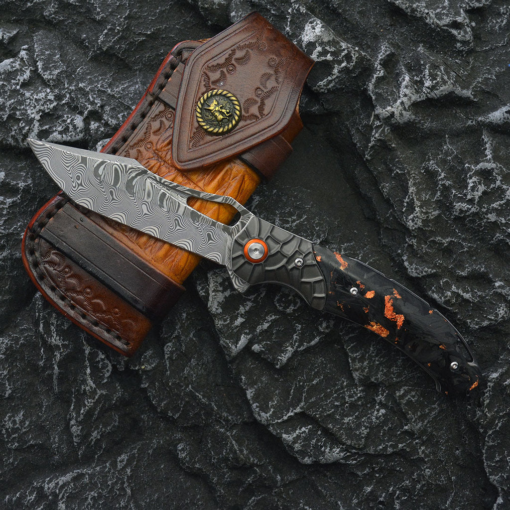 Nightflare VG10 Damascus EDC Folding Knife - Titanium Carbon Fiber Handle with Engraving