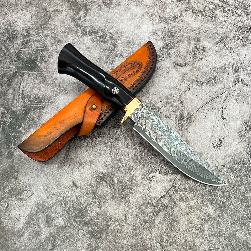 Hand Forged Knife SKD-11 Damascus Steel Purple Heartwood Leather Sheath Survival Camping