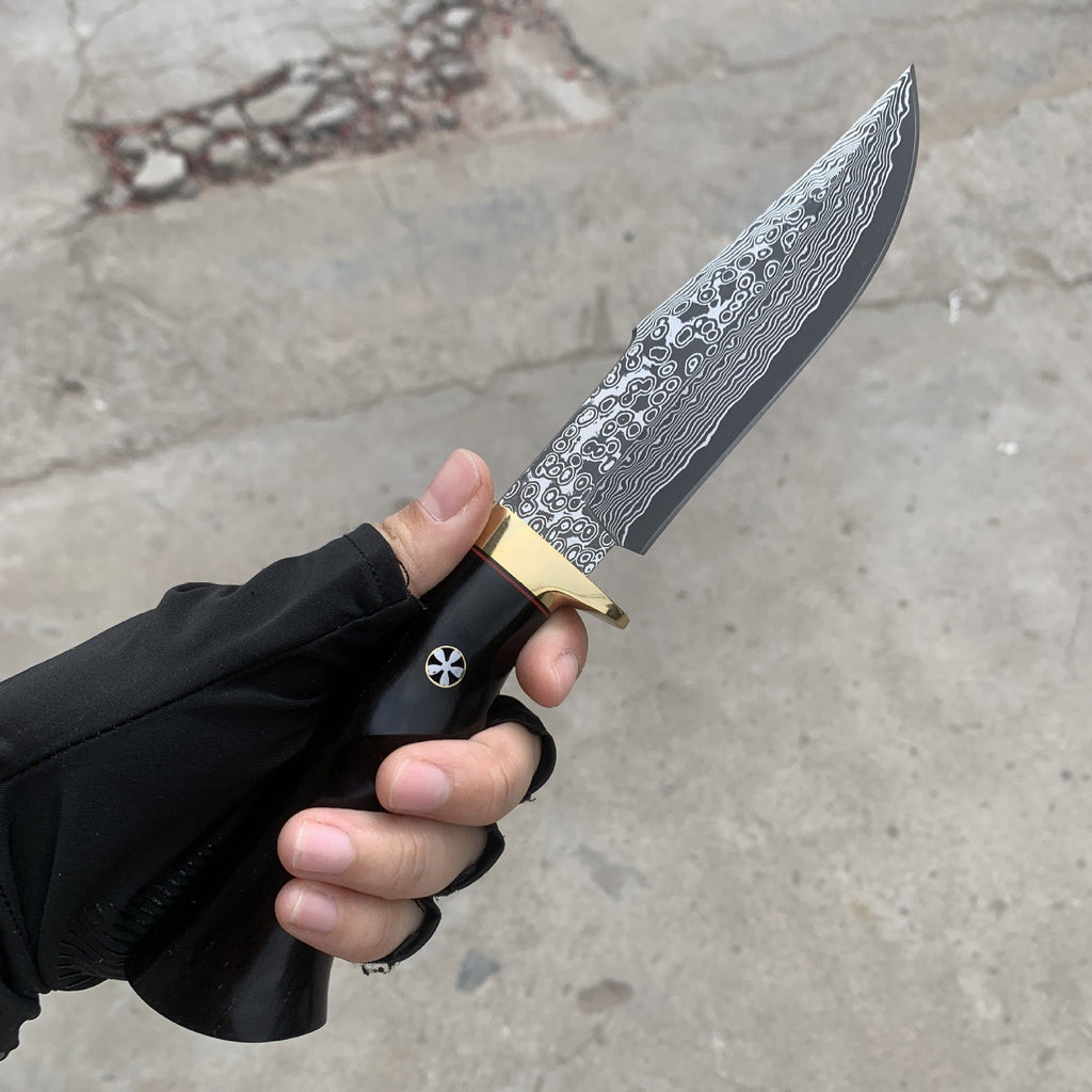 Hand Forged Knife SKD-11 Damascus Steel Purple Heartwood Leather Sheath Survival Camping