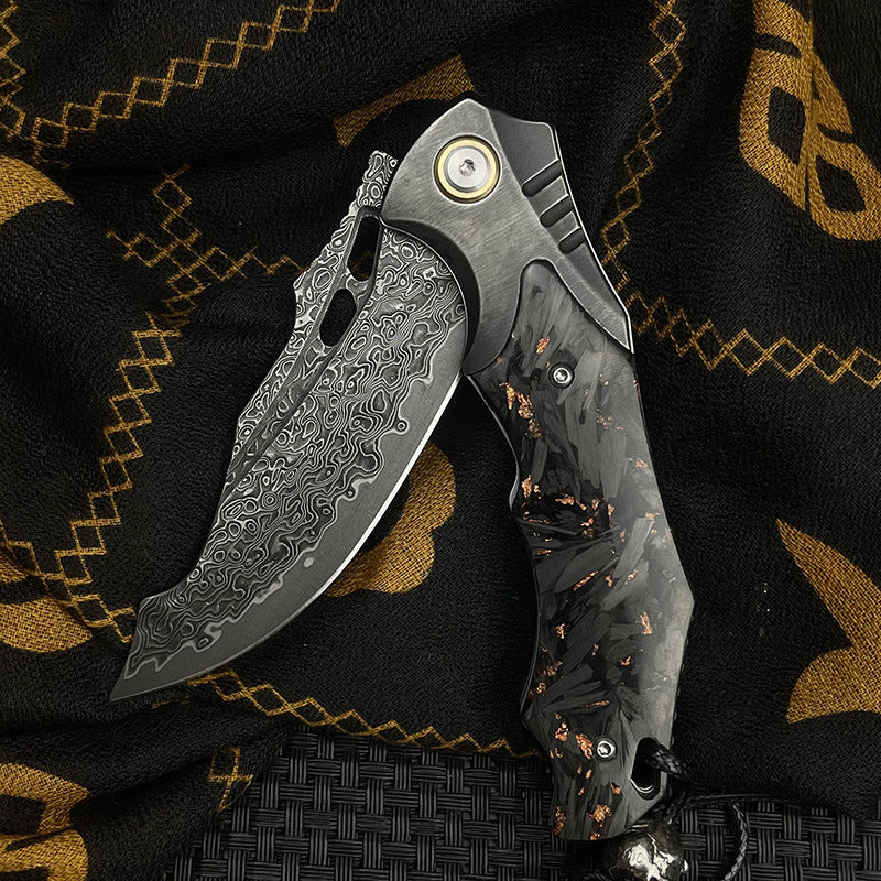 Damascus Folding Knife VG10 Carbon Fiber Handle Copper Flake Hand Finished EDC Collector