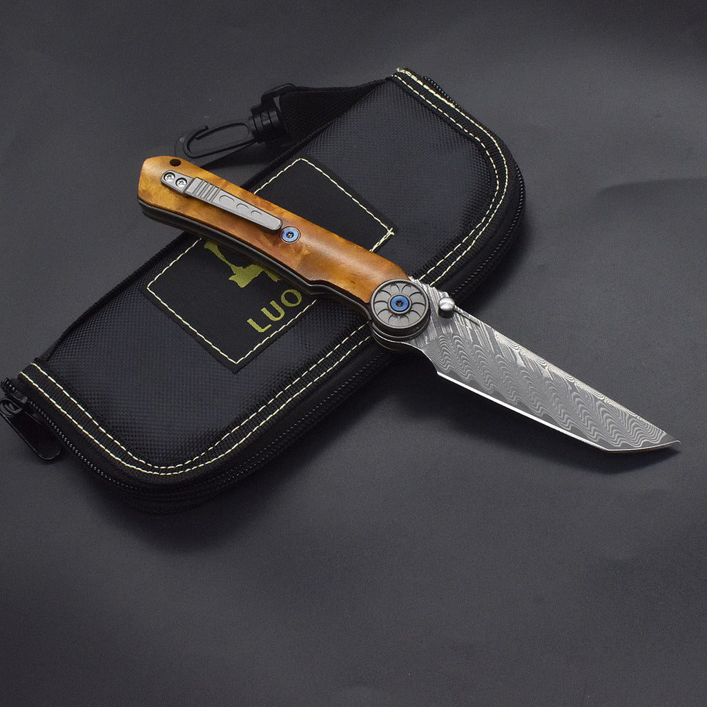 SolarFlame Damascus EDC Folding Knife - VG10 Steel with Golden Phoebe Handle