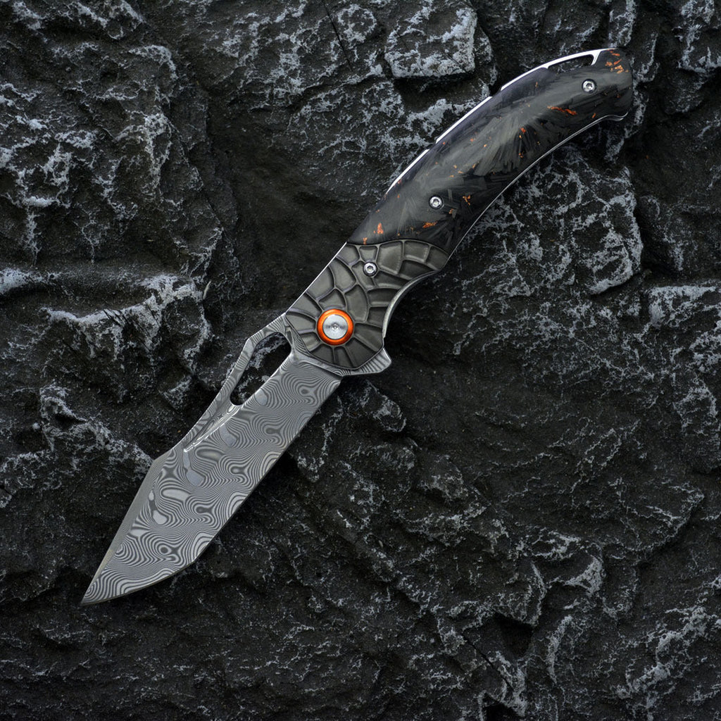 Nightflare VG10 Damascus EDC Folding Knife - Titanium Carbon Fiber Handle with Engraving