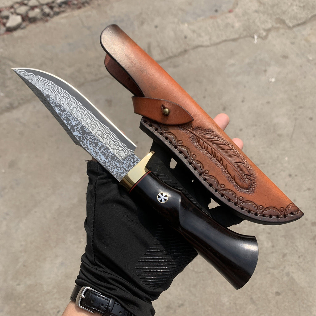 Hand Forged Knife SKD-11 Damascus Steel Purple Heartwood Leather Sheath Survival Camping