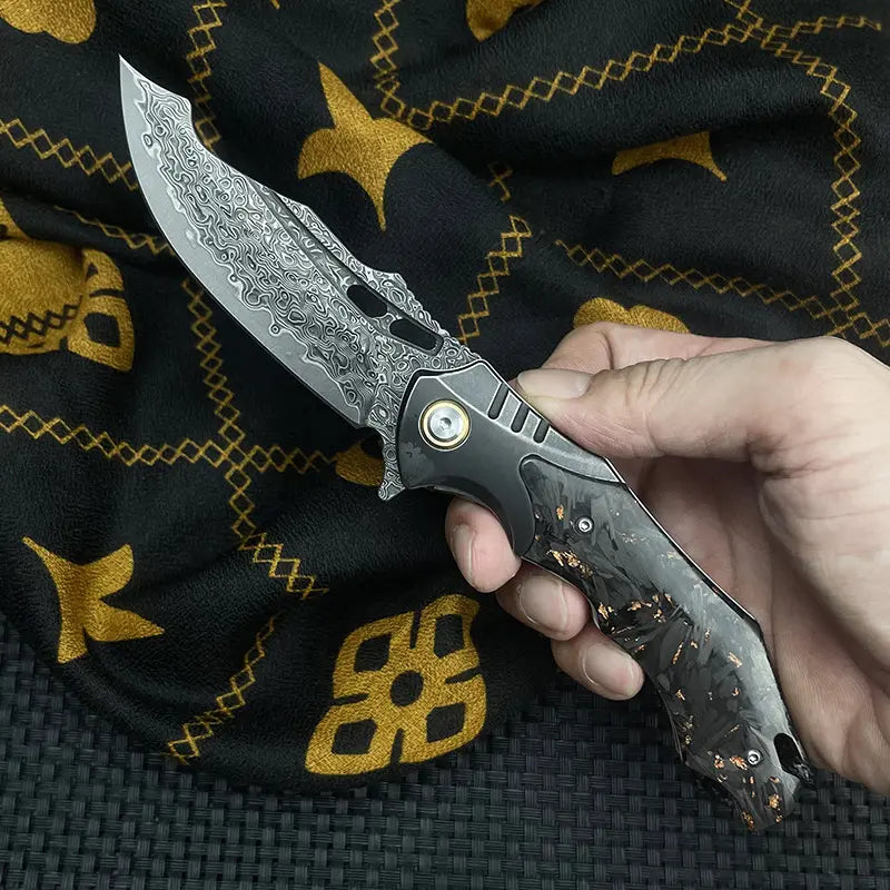 Damascus Folding Knife VG10 Carbon Fiber Handle Copper Flake Hand Finished EDC Collector