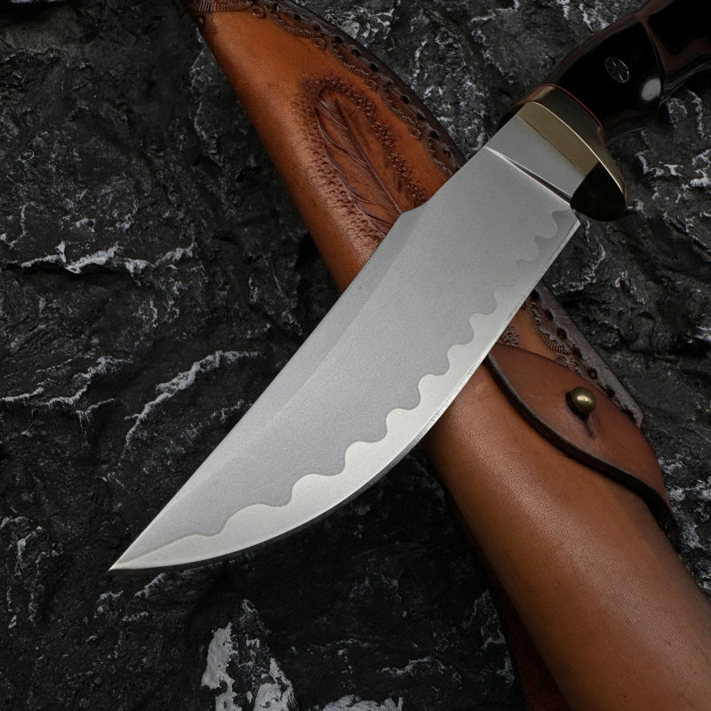 Hand Forged Knife SKD-11 Damascus Steel Purple Heartwood Leather Sheath Survival Camping