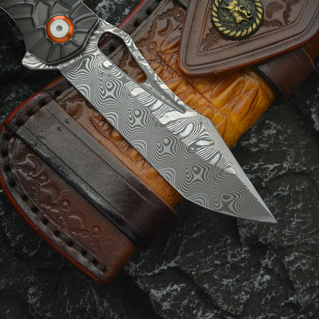 Nightflare VG10 Damascus EDC Folding Knife - Titanium Carbon Fiber Handle with Engraving