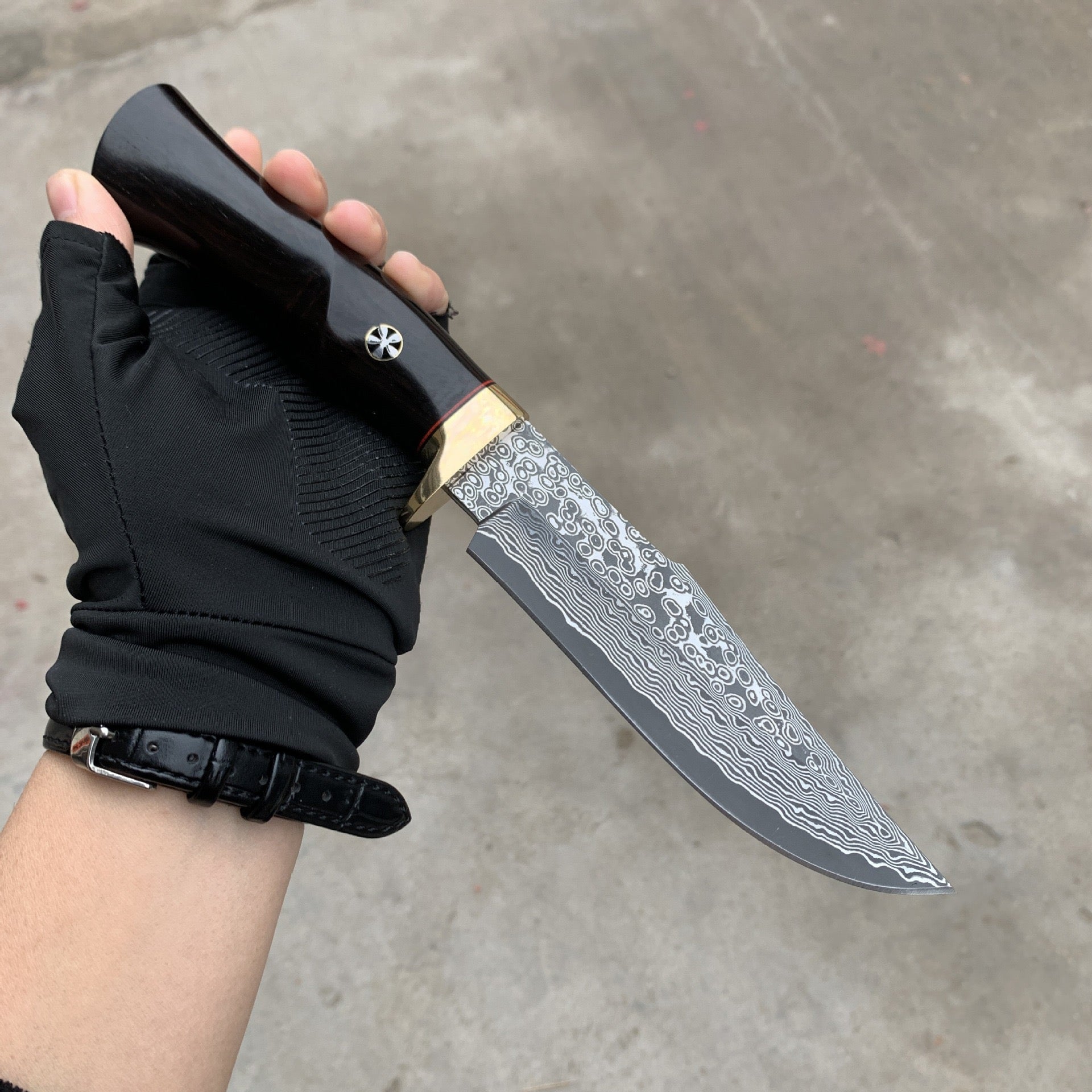 Hand Forged Knife SKD-11 Damascus Steel Purple Heartwood Leather Sheath Survival Camping