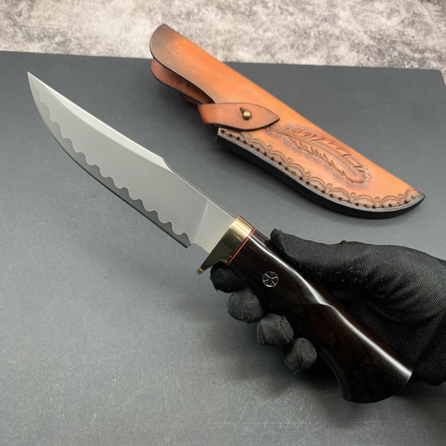 Hand Forged Knife SKD-11 Damascus Steel Purple Heartwood Leather Sheath Survival Camping