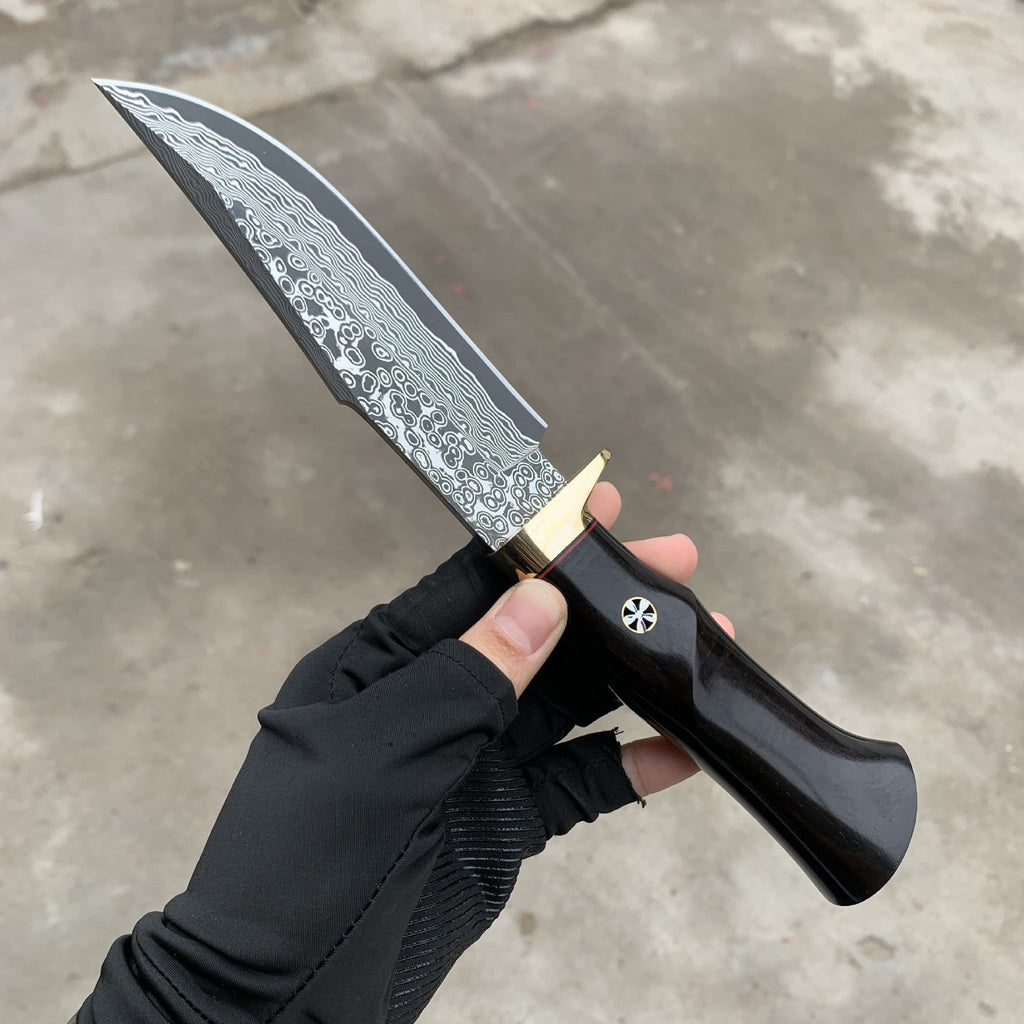 Hand Forged Knife SKD-11 Damascus Steel Purple Heartwood Leather Sheath Survival Camping