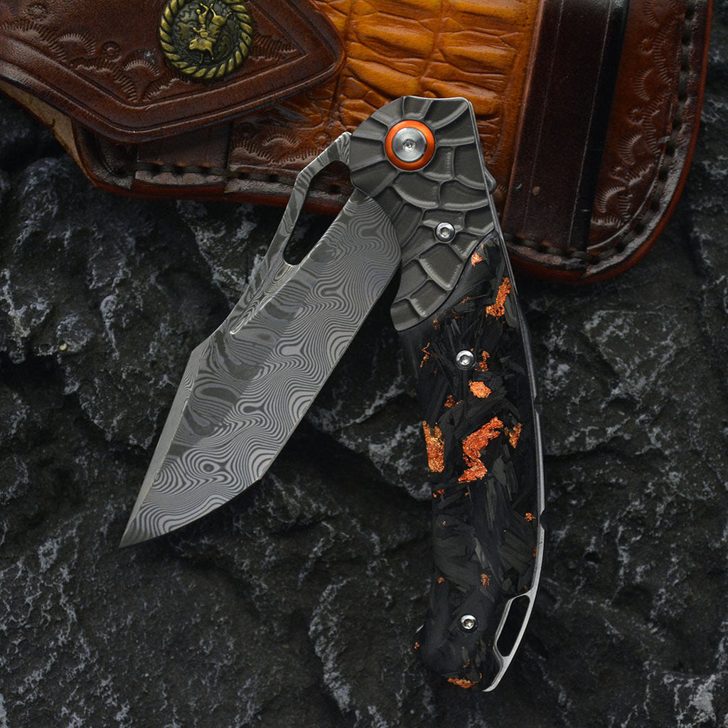 Nightflare VG10 Damascus EDC Folding Knife - Titanium Carbon Fiber Handle with Engraving