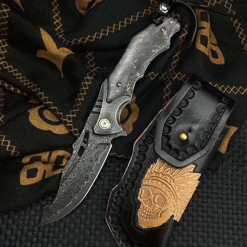 Damascus Folding Knife VG10 Carbon Fiber Handle Copper Flake Hand Finished EDC Collector