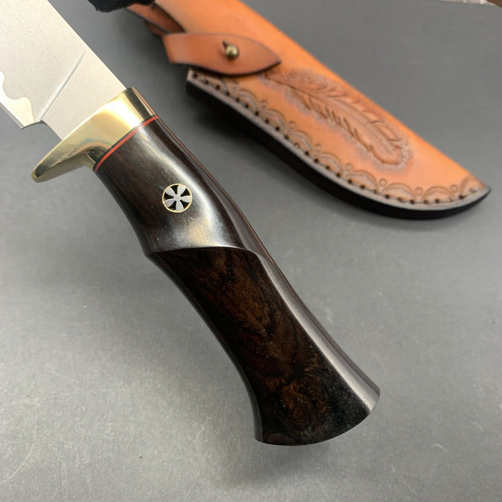 Hand Forged Knife SKD-11 Damascus Steel Purple Heartwood Leather Sheath Survival Camping