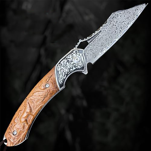 Damascus Folding Knife VG10 Steel Ironwood Handle Wave Pattern EDC Collector Knife