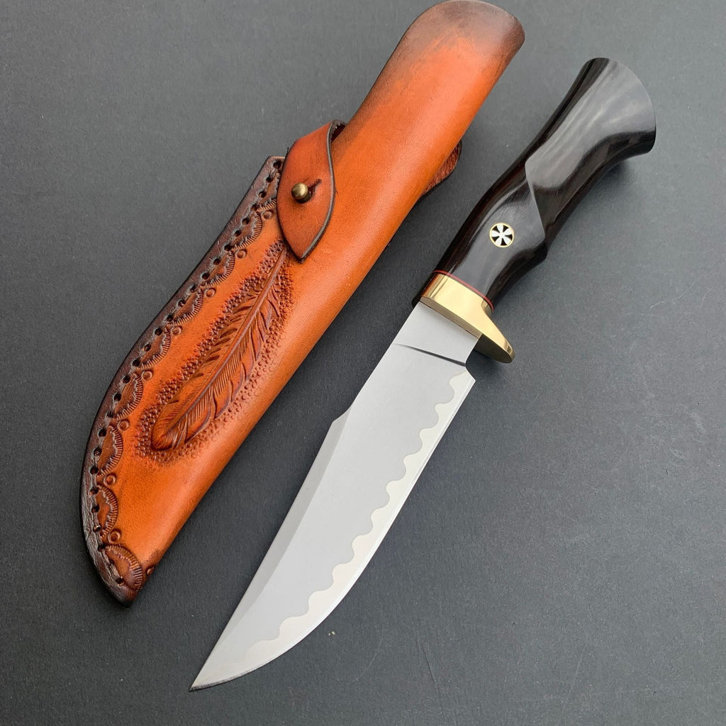 Hand Forged Knife SKD-11 Damascus Steel Purple Heartwood Leather Sheath Survival Camping