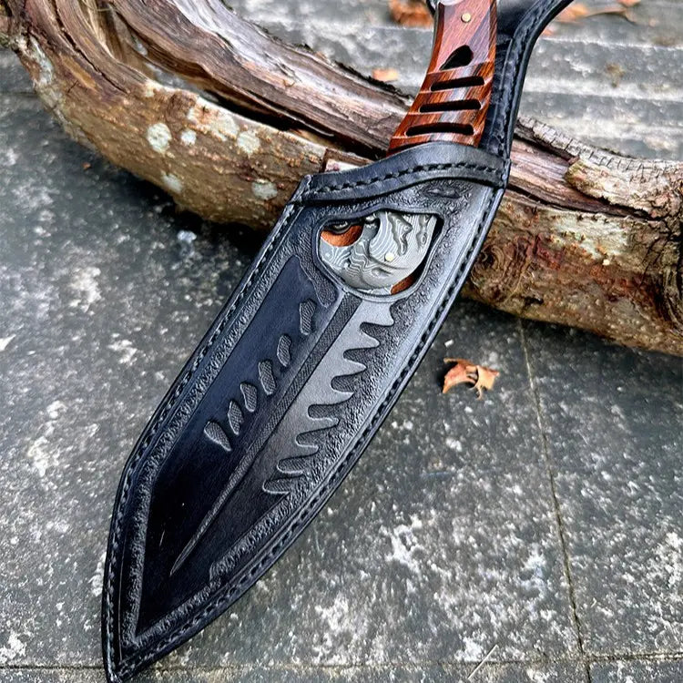 Ironwood Fang Damascus Fishbone Fixed Blade Knife - 95-Layer Hand-Forged with Ironwood Handle