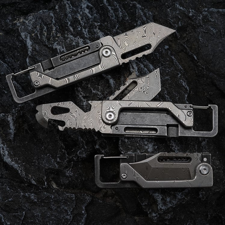 Dual-Action Blade Damascus Folding Knife - 9-in-1 EDC Keychain Tool