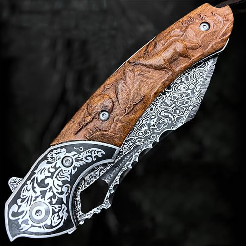 Damascus Folding Knife VG10 Steel Ironwood Handle Wave Pattern EDC Collector Knife