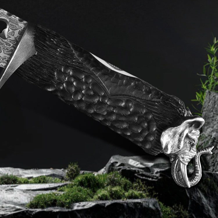 Damascus Knife Hand Forged 103 Layer VG10 Ebony Handle Elephant Head Leather Sheath Collector