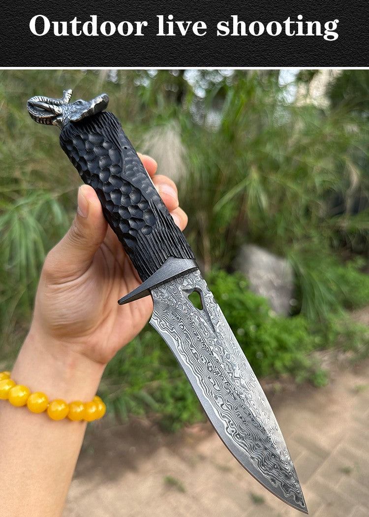 Damascus Knife Hand Forged 103 Layer VG10 Ebony Handle Elephant Head Leather Sheath Collector