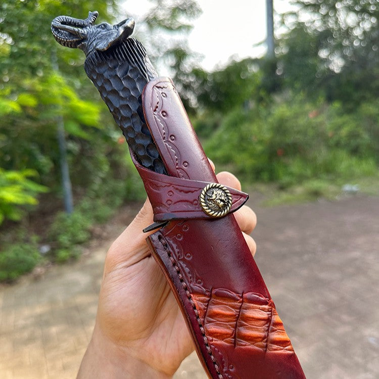 Damascus Knife Hand Forged 103 Layer VG10 Ebony Handle Elephant Head Leather Sheath Collector