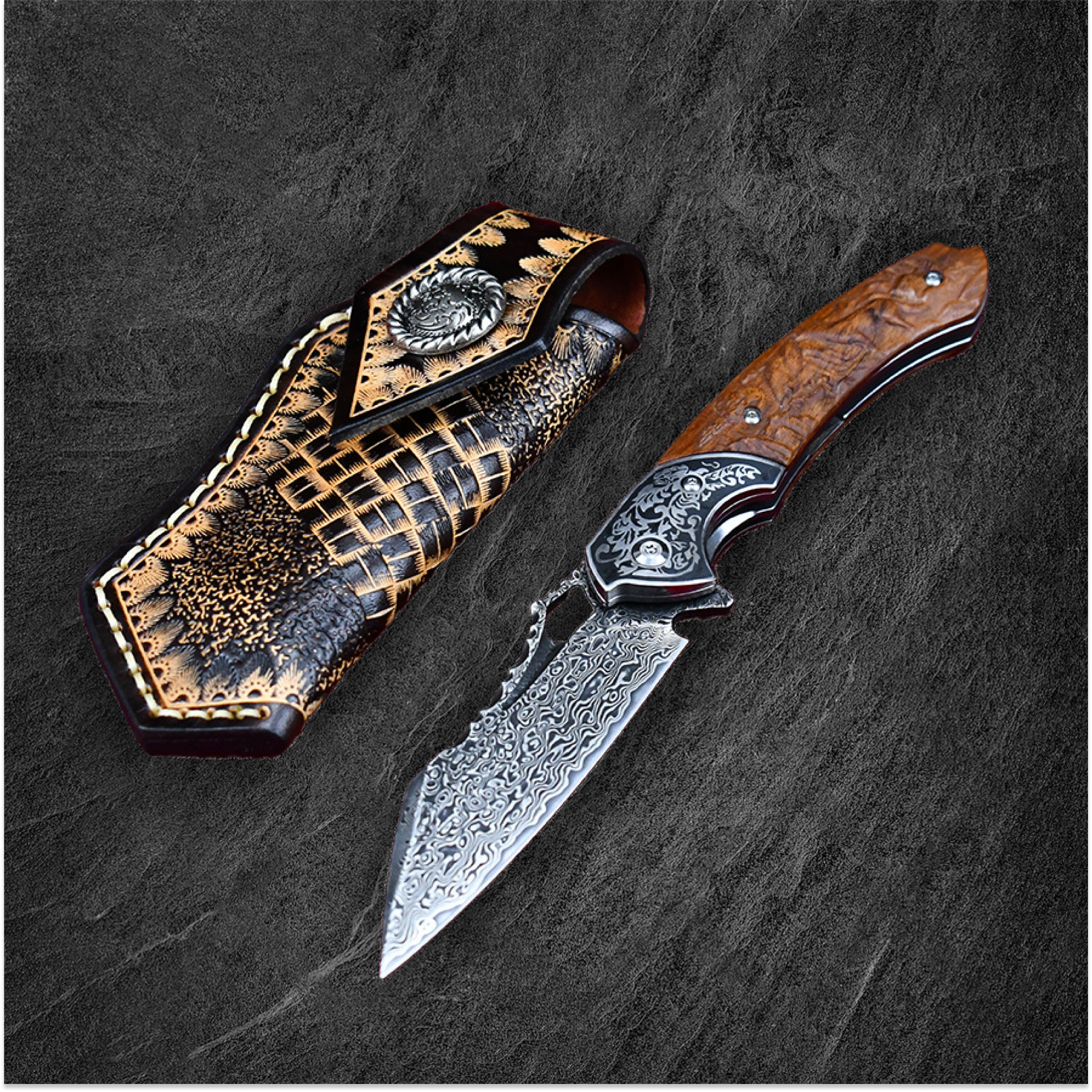Damascus Folding Knife VG10 Steel Ironwood Handle Wave Pattern EDC Collector Knife