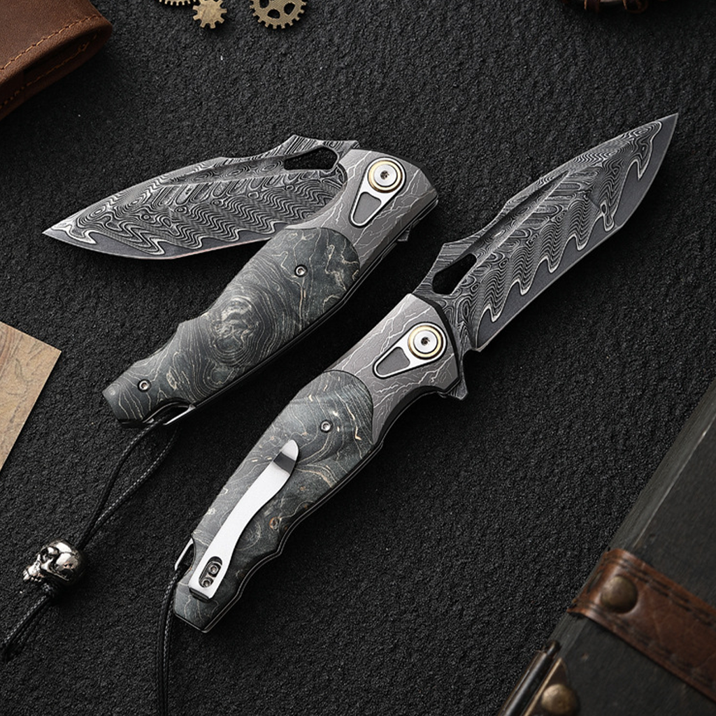 Obsidian Edge Damascus Steel Folding Knife - VG10 & Stabilized Wood