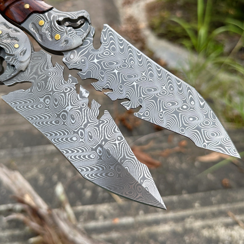 Ironwood Fang Damascus Fishbone Fixed Blade Knife - 95-Layer Hand-Forged with Ironwood Handle