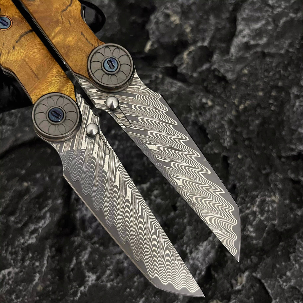 SolarFlame Damascus EDC Folding Knife - VG10 Steel with Golden Phoebe Handle