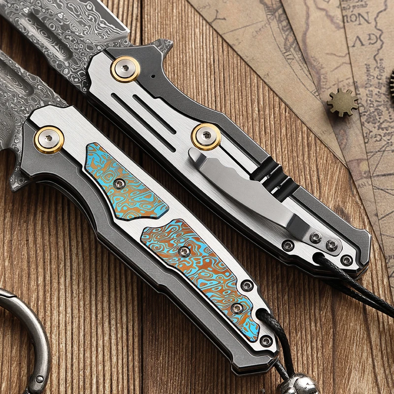 Folding Knife Damascus Steel VG10 75 Layer Titanium Handle Back Lock Outdoor Collector Knife