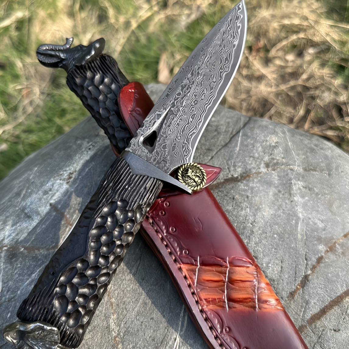 Damascus Knife Hand Forged 103 Layer VG10 Ebony Handle Elephant Head Leather Sheath Collector