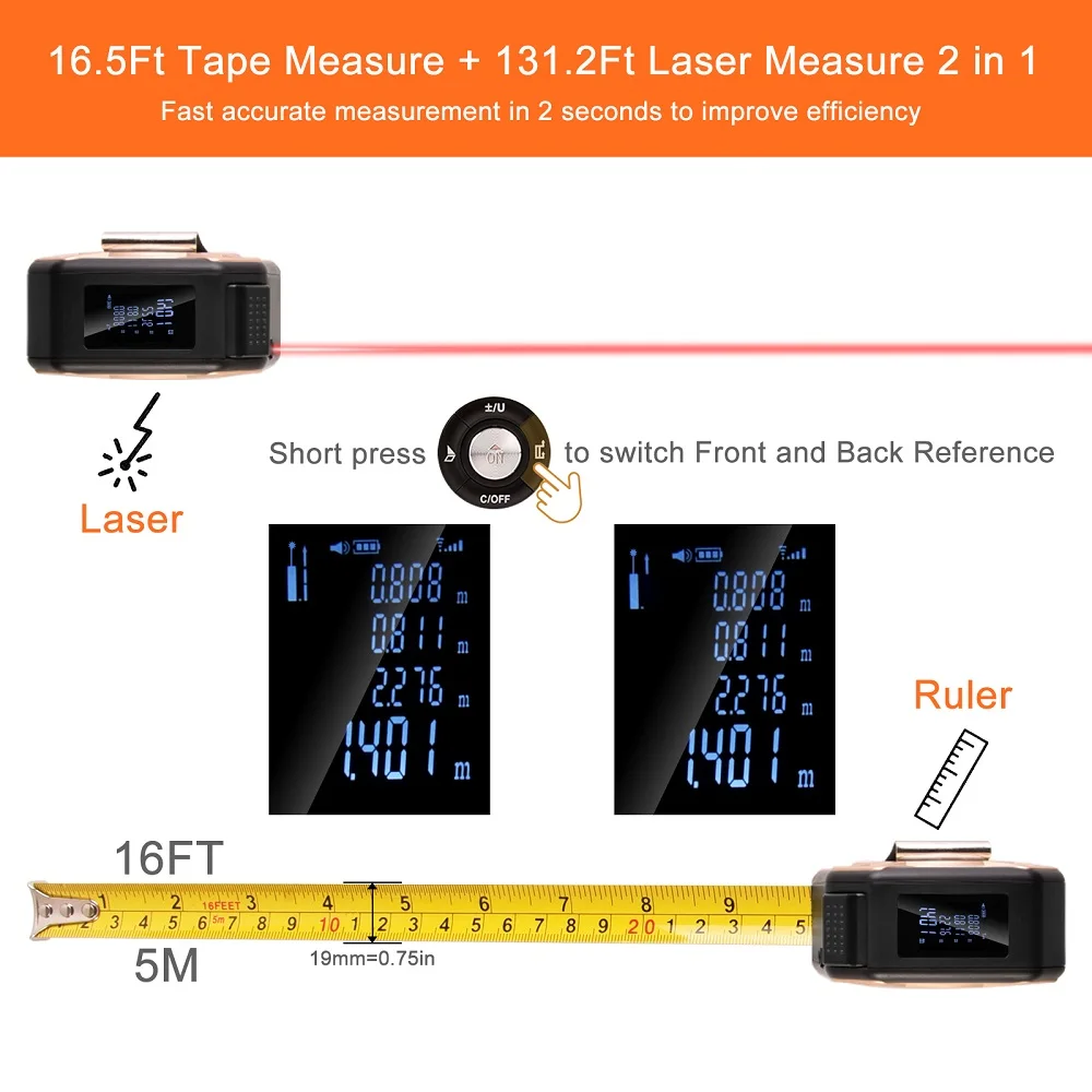 Laser Tape Measure 2-in-1 135ft USB Rechargeable Digital Construction DIY Professional