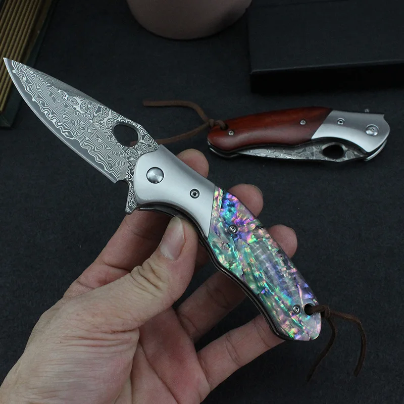 Shellshade Swoop Damascus Folding Knife - VG10 Steel with Abalone Shell Handle