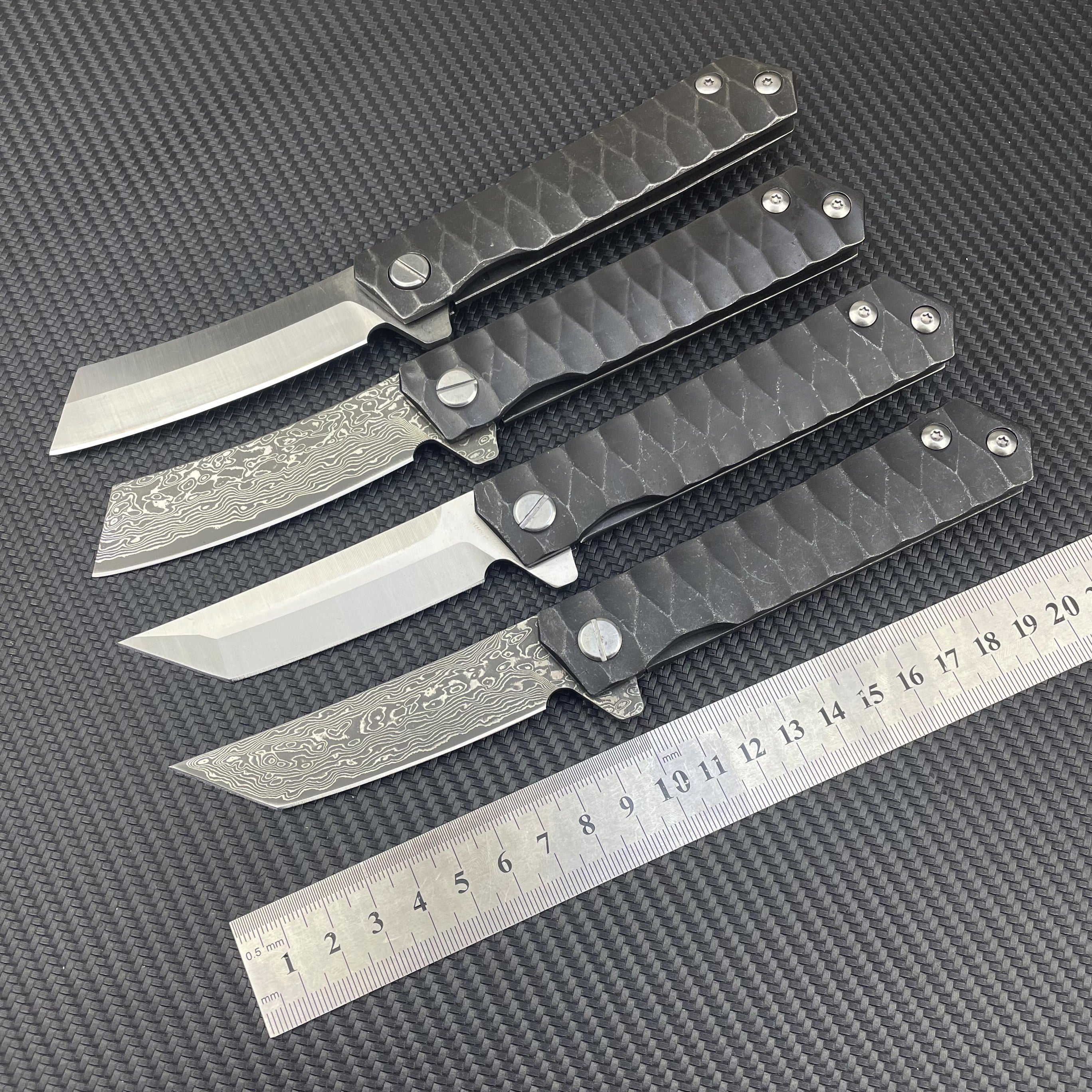 Damascus Folding Knife D2 Steel Tanto Blade Bearing System Pocket Clip EDC Camping