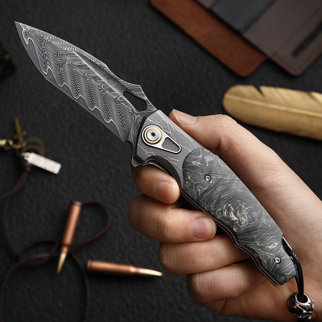 Obsidian Edge Damascus Steel Folding Knife - VG10 & Stabilized Wood