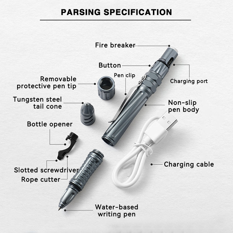 Tactical Pen USB Rechargeable Lighter Tungsten Tip Firestarter EDC Self Defense Outdoor