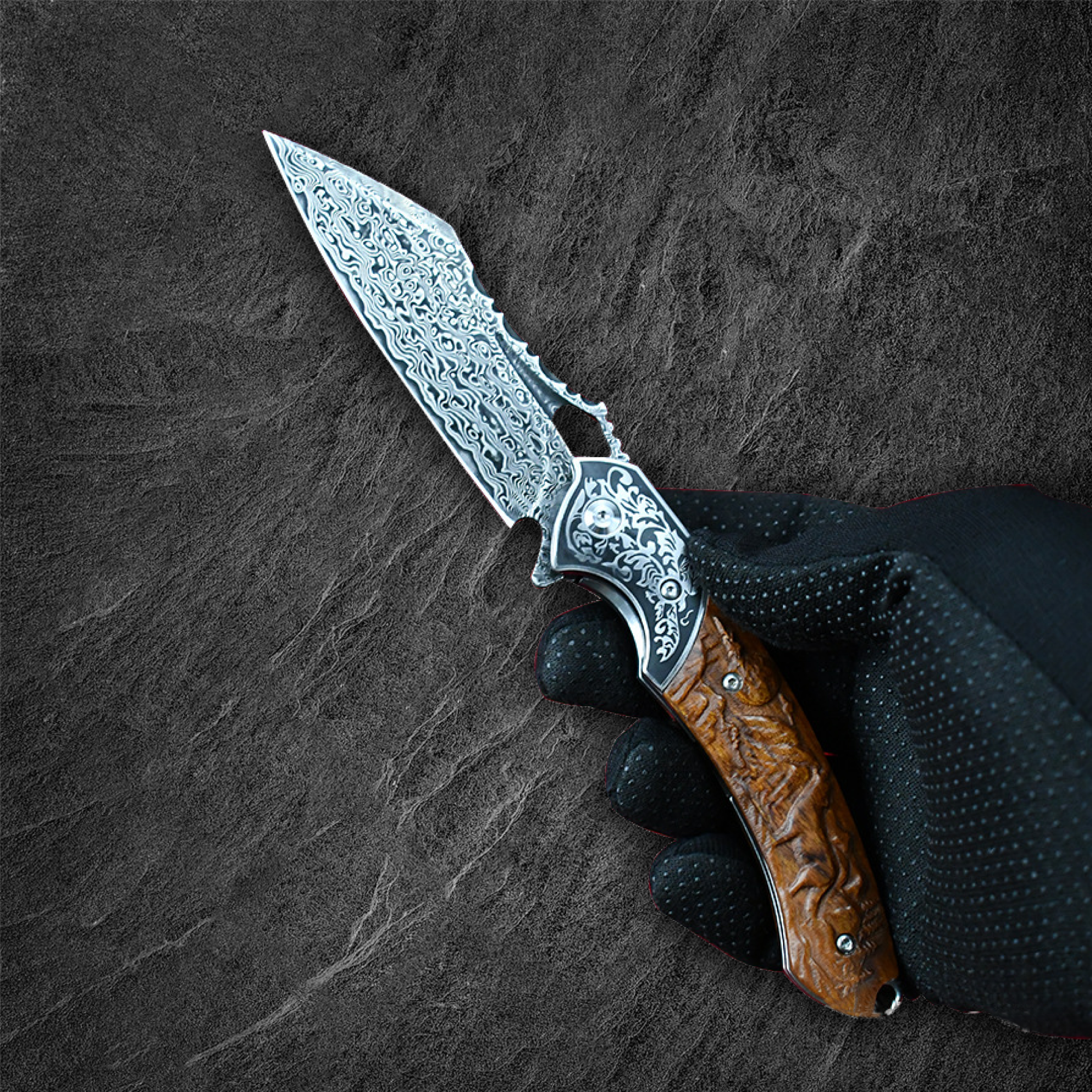 Damascus Folding Knife VG10 Steel Ironwood Handle Wave Pattern EDC Collector Knife