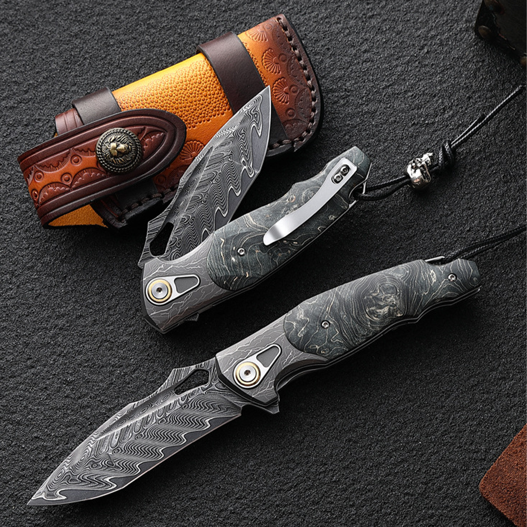 Obsidian Edge Damascus Steel Folding Knife - VG10 & Stabilized Wood