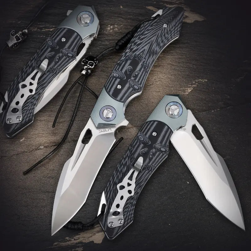 SkullForge D2 Tactical Folding Knife - G10 Grip, Skull Clip & Leather Sheath