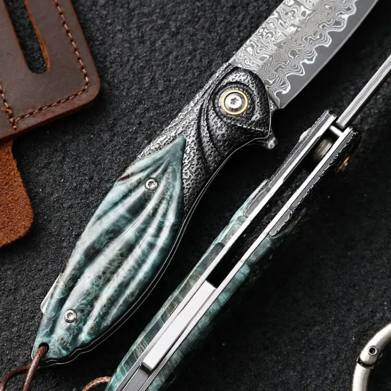 Peacock Forge VG10 Damascus Pocket Knife - Hand-Carved Handle EDC
