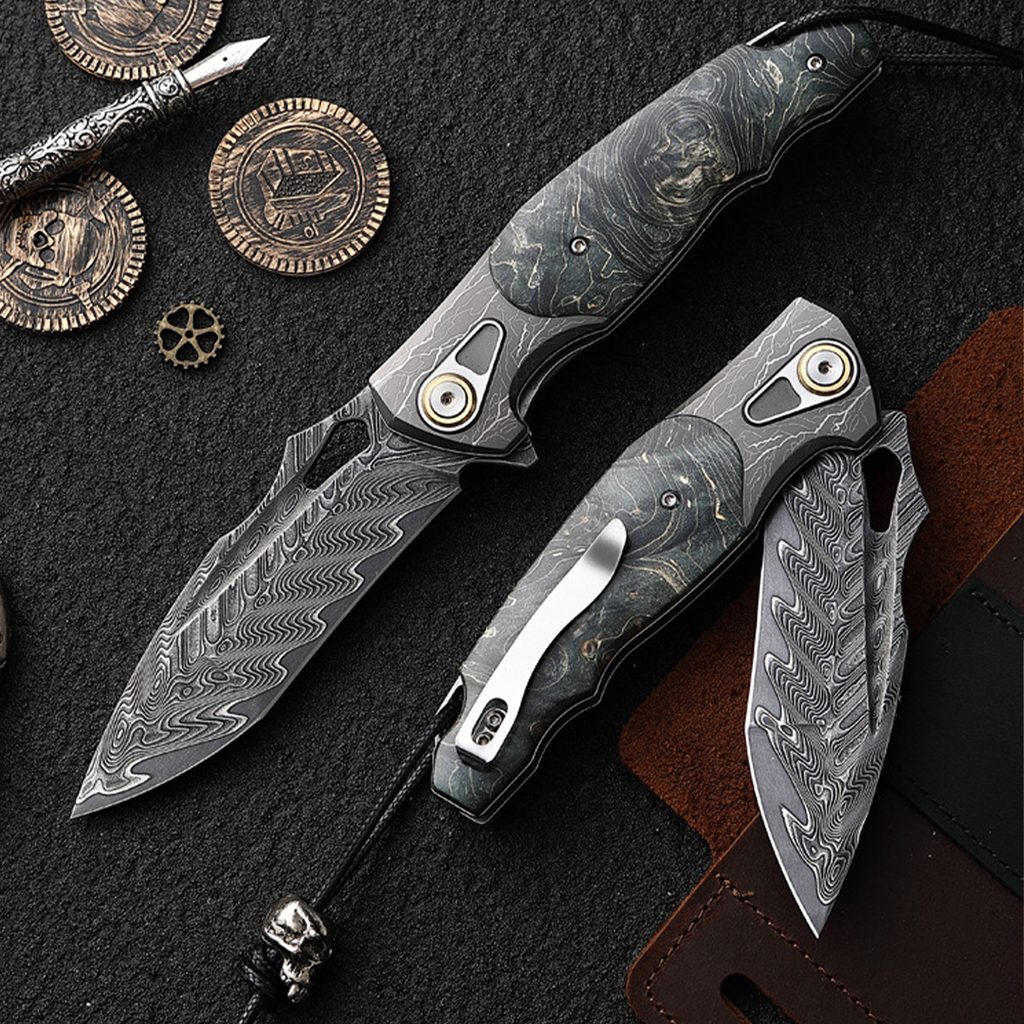 Obsidian Edge Damascus Steel Folding Knife - VG10 & Stabilized Wood