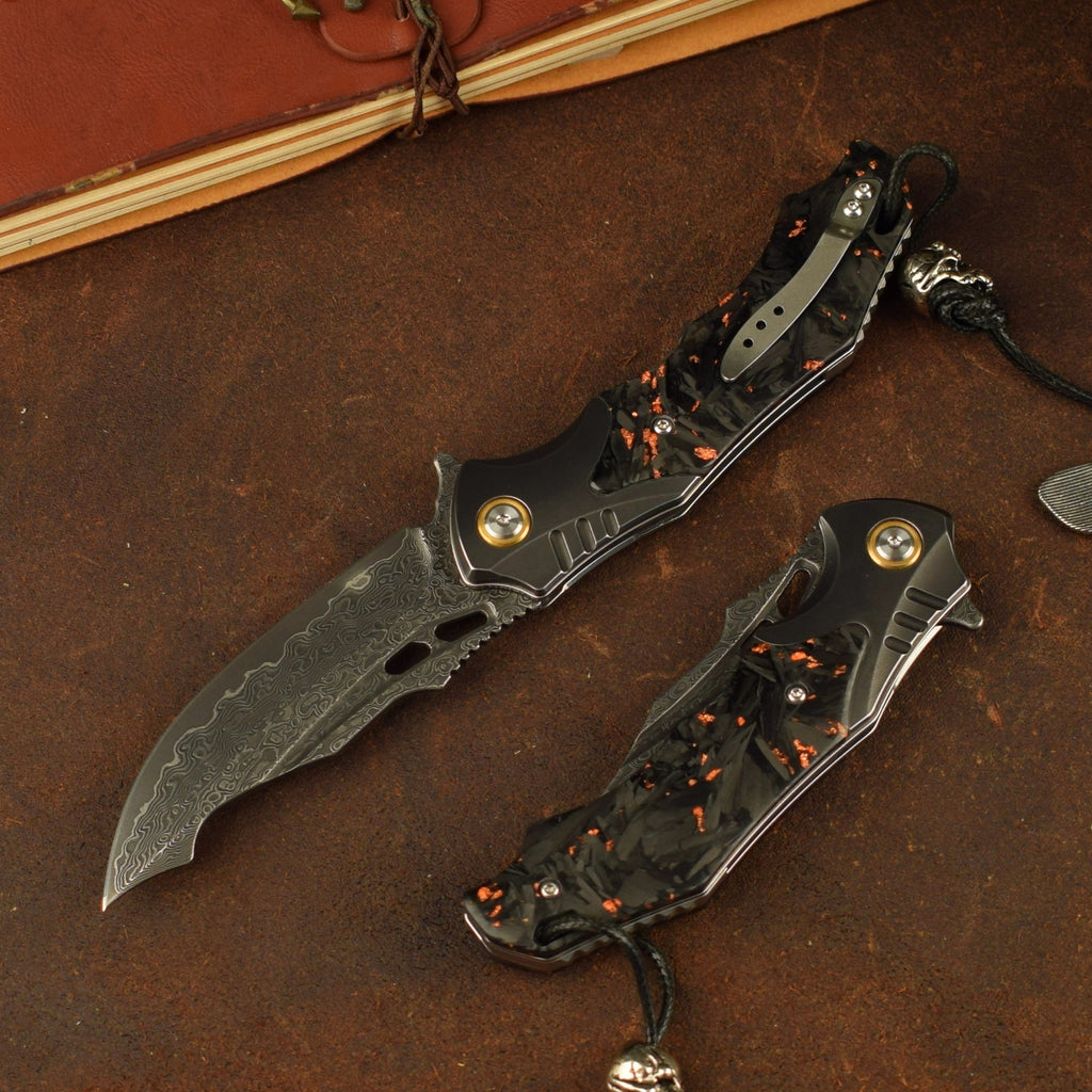 Damascus Folding Knife VG10 Carbon Fiber Handle Copper Flake Hand Finished EDC Collector