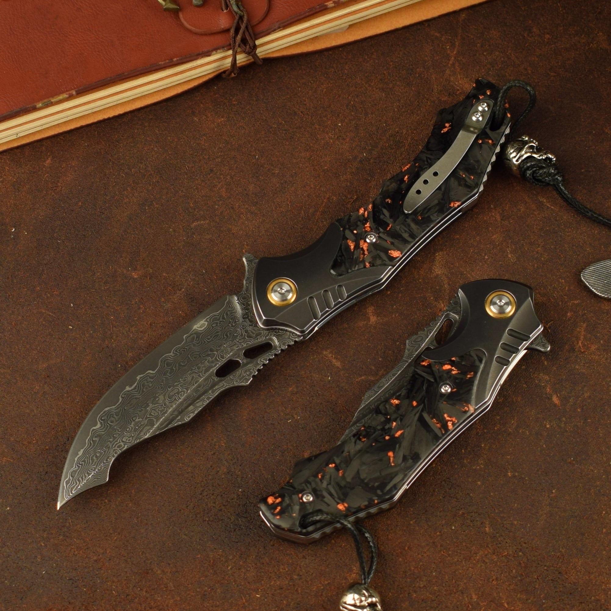 Damascus Folding Knife VG10 Carbon Fiber Handle Copper Flake Hand Finished EDC Collector