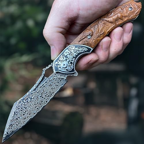 Damascus Folding Knife VG10 Steel Ironwood Handle Wave Pattern EDC Collector Knife