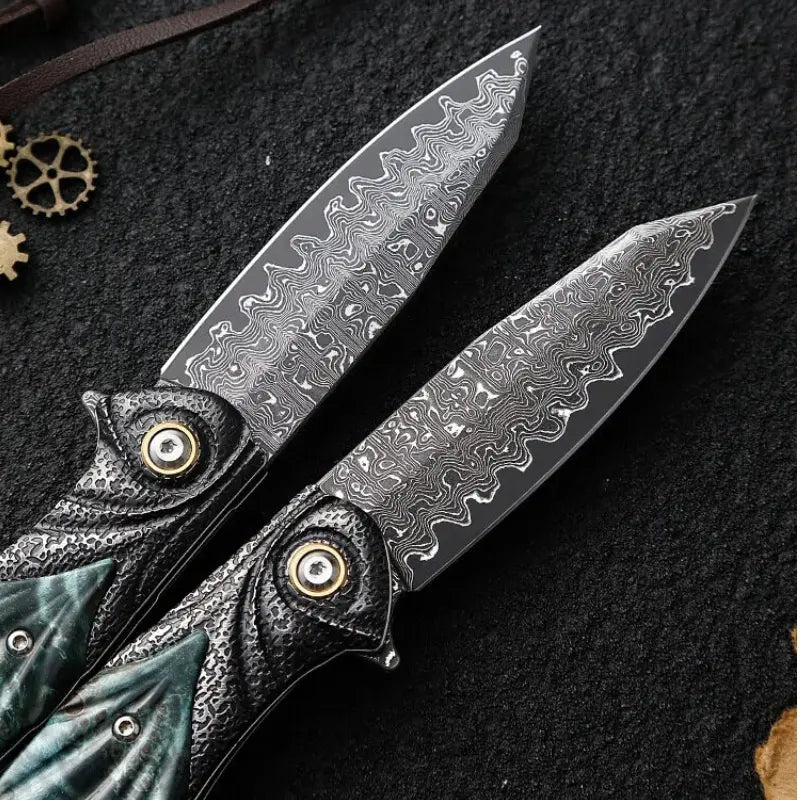 Peacock Forge VG10 Damascus Pocket Knife - Hand-Carved Handle EDC