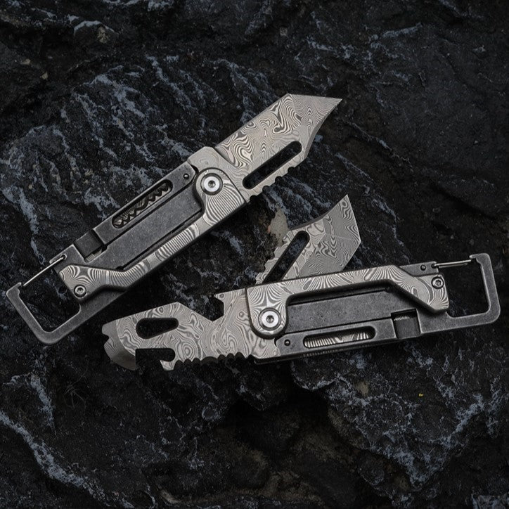 Dual-Action Blade Damascus Folding Knife - 9-in-1 EDC Keychain Tool