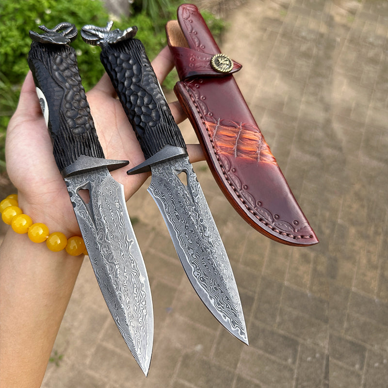 Damascus Knife Hand Forged 103 Layer VG10 Ebony Handle Elephant Head Leather Sheath Collector